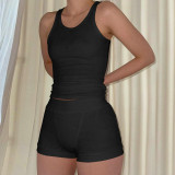 Ribber Solid Color Sleeveless Two Piece Shorts Set CH-23050