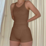 Ribber Solid Color Sleeveless Two Piece Shorts Set CH-23050