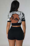 Print Lapel Neck Crop Tops And Shorts Sweater Suit OSM-4397