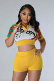 Print Lapel Neck Crop Tops And Shorts Sweater Suit OSM-4397