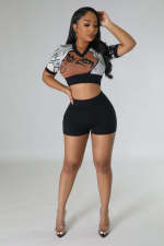 Print Lapel Neck Crop Tops And Shorts Sweater Suit OSM-4397