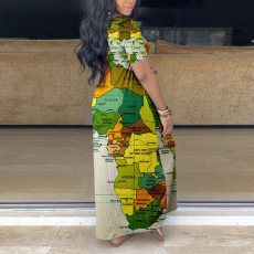 Map Print Big Swing Maxi Dress SH-390509