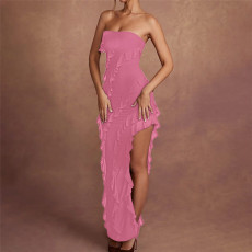 Wrap Chest Ruffle Slit Maxi Dress ME-8362