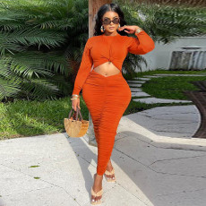 Fashion Solid Long Sleeve Ruched Maxi Dress GFDY-1050