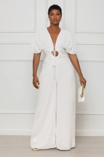 Solid V-Neck Short Sleeve Hollow Jumpsuit GFDY-1245