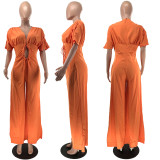 Solid V-Neck Short Sleeve Hollow Jumpsuit GFDY-1245