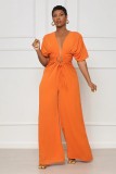 Solid V-Neck Short Sleeve Hollow Jumpsuit GFDY-1245