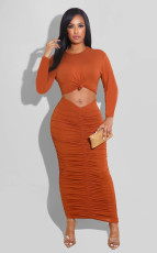 Fashion Solid Long Sleeve Ruched Maxi Dress GFDY-1050