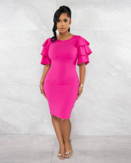Solid Color Short Sleeve Slim Midi Dress XMY-9423