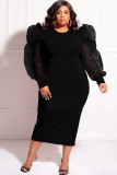 Solid Yarn Sleeves V-Neck Plus Size Long Dress XMY-9416