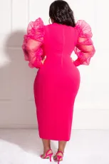 Solid Yarn Sleeves V-Neck Plus Size Long Dress XMY-9416