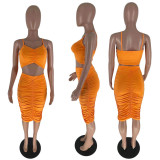Solid Color Ruched Sling Top Skirt Two Piece Set GFDY-117