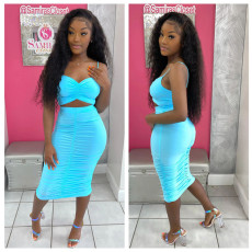 Solid Color Ruched Sling Top Skirt Two Piece Set GFDY-117