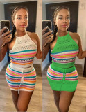 Color Blocking Backless Sweater Two Piece Skirts Set QXTF-8165