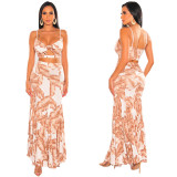 Sexy Print Sling Top Long Skirt Two Piece Set GFDY-1112