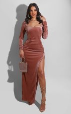 Long Sleeve Square Neck Split Dress GFDY-1065