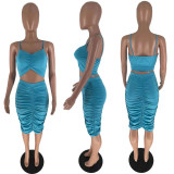 Solid Color Ruched Sling Top Skirt Two Piece Set GFDY-117