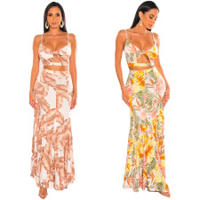 Sexy Print Sling Top Long Skirt Two Piece Set GFDY-1112