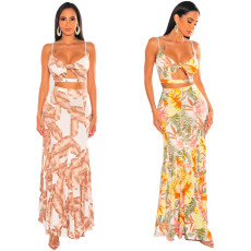 Sexy Print Sling Top Long Skirt Two Piece Set GFDY-1112
