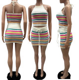 Color Blocking Backless Sweater Two Piece Skirts Set QXTF-8165