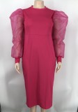 Solid Yarn Sleeves V-Neck Plus Size Long Dress XMY-9416