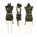 Camouflage Print Sleeveless High Collar Two Piece Shorts Set  DDF-88208