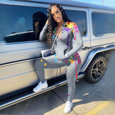 Splash Ink Print Long Sleeve Two Piece Pants Set HNIF-8598