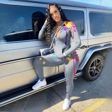 Splash Ink Print Long Sleeve Two Piece Pants Set HNIF-8598