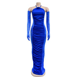 Solid Long Gloves Hollow Out Long Dress BY-6379