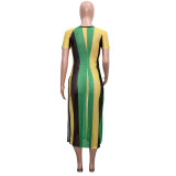 Stripe Color Blocking Slit Midi Dress SH-390520