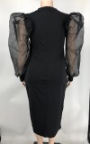 Solid Yarn Sleeves V-Neck Plus Size Long Dress XMY-9416