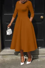 Solid Color U Neck Big Swing Long Dress BGN-281