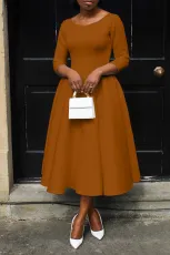 Solid Color U Neck Big Swing Long Dress BGN-281