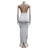 Solid Long Gloves Hollow Out Long Dress BY-6379