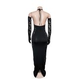 Solid Long Gloves Hollow Out Long Dress BY-6379