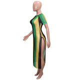 Stripe Color Blocking Slit Midi Dress SH-390520