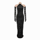Solid Long Gloves Hollow Out Long Dress BY-6379