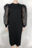 Solid Yarn Sleeves V-Neck Plus Size Long Dress XMY-9416