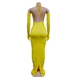 Solid Long Gloves Hollow Out Long Dress BY-6379