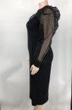 Solid Yarn Sleeves V-Neck Plus Size Long Dress XMY-9416