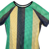 Stripe Color Blocking Slit Midi Dress SH-390520