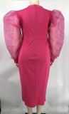 Solid Yarn Sleeves V-Neck Plus Size Long Dress XMY-9416