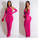 Solid Long Gloves Hollow Out Long Dress BY-6379