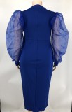 Solid Yarn Sleeves V-Neck Plus Size Long Dress XMY-9416