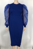 Solid Yarn Sleeves V-Neck Plus Size Long Dress XMY-9416