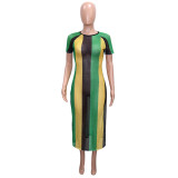 Stripe Color Blocking Slit Midi Dress SH-390520