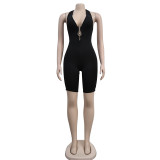 Solid Backless V Neck Romper BY-6329