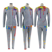 Splash Ink Print Long Sleeve Two Piece Pants Set HNIF-8598