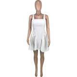 Solid Backless Tie Up Pleated Mini Dress MEI-9310
