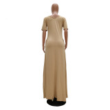 Plus Size Casual Solid Short Sleeve Long Dress TR-1015